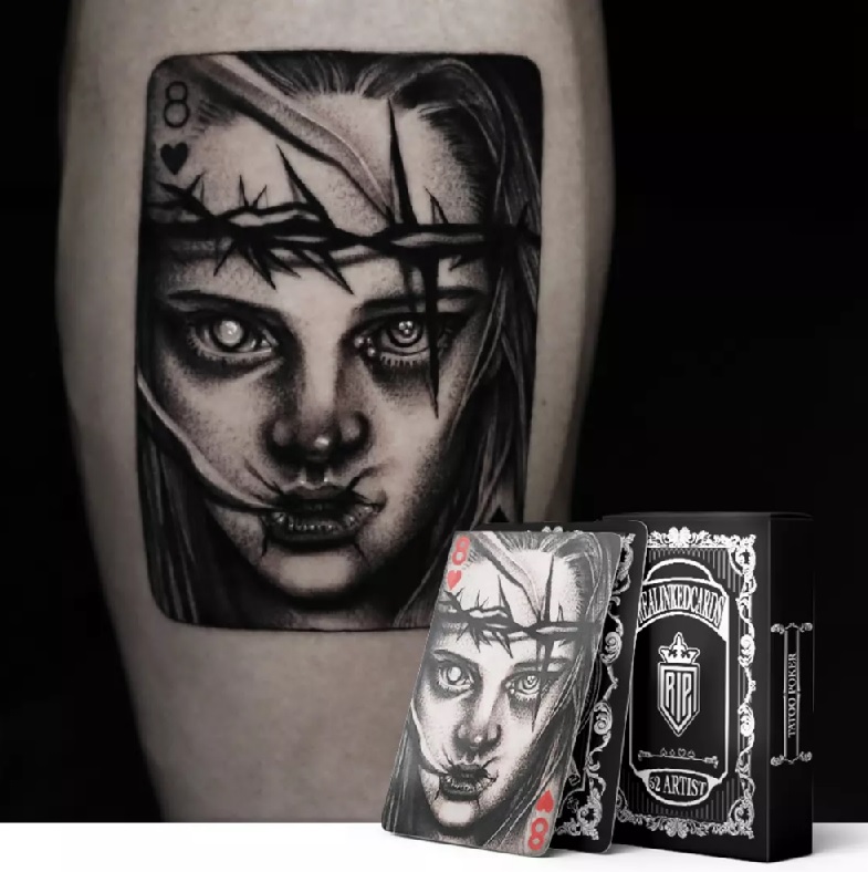 Real Inked Eight of Hearts tattoo and playing card