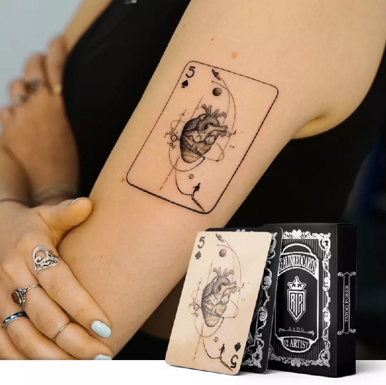 Real Inked Five of Spades tattoo and playing card